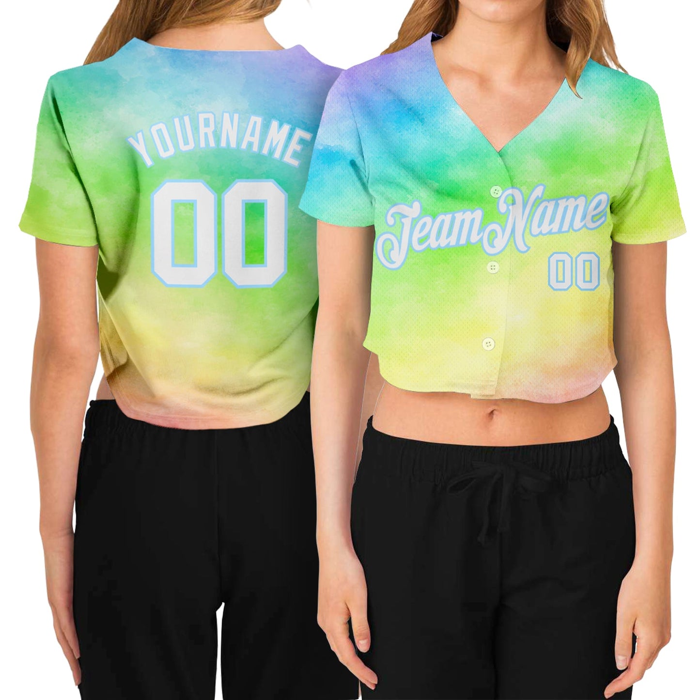 Custom Women's Tie Dye White-Light Blue Rainbow 3D V-Neck Cropped Baseball Jersey - Sky-Custom