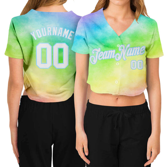 Custom Women's Tie Dye White-Light Blue Rainbow 3D V-Neck Cropped Baseball Jersey - Sky-Custom