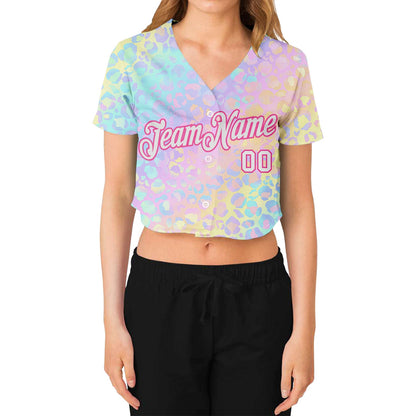 Custom Women's Pink White Leopard 3D V-Neck Cropped Baseball Jersey - Sky-Custom