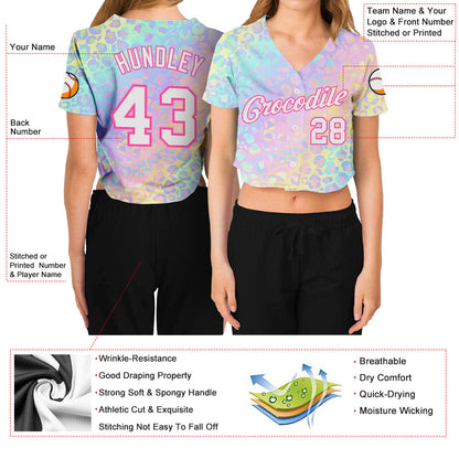 Custom Women's Pink White Leopard 3D V-Neck Cropped Baseball Jersey - Sky-Custom