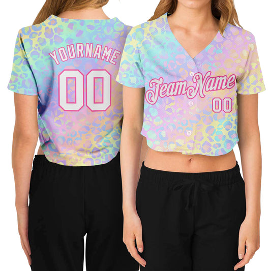 Custom Women's Pink White Leopard 3D V-Neck Cropped Baseball Jersey - Sky-Custom