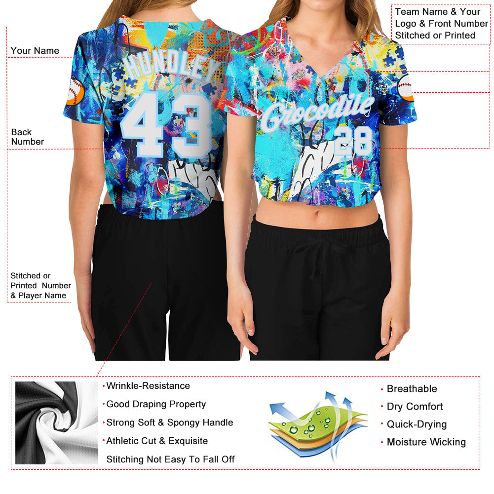 Custom Women's Graffiti Pattern White-Light Blue Multi Colored Mixed Media Art 3D V-Neck Cropped Baseball Jersey - Sky-Custom