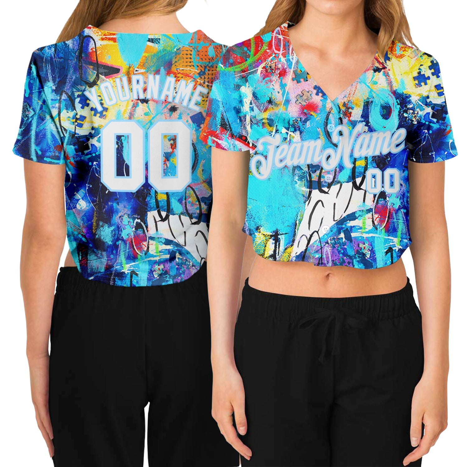 Custom Women's Graffiti Pattern White-Light Blue Multi Colored Mixed Media Art 3D V-Neck Cropped Baseball Jersey - Sky-Custom