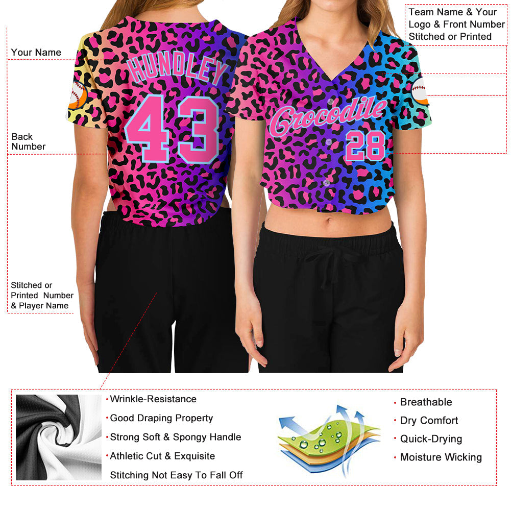 Custom Women's Purple Pink-Light Blue Leopard 3D V-Neck Cropped Baseball Jersey - Sky-Custom