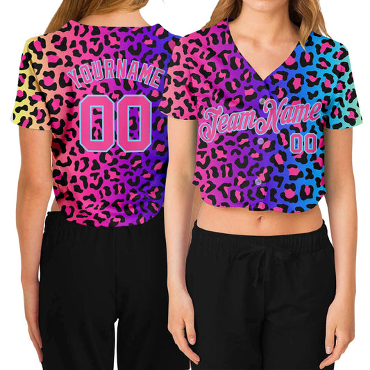 Custom Women's Purple Pink-Light Blue Leopard 3D V-Neck Cropped Baseball Jersey - Sky-Custom