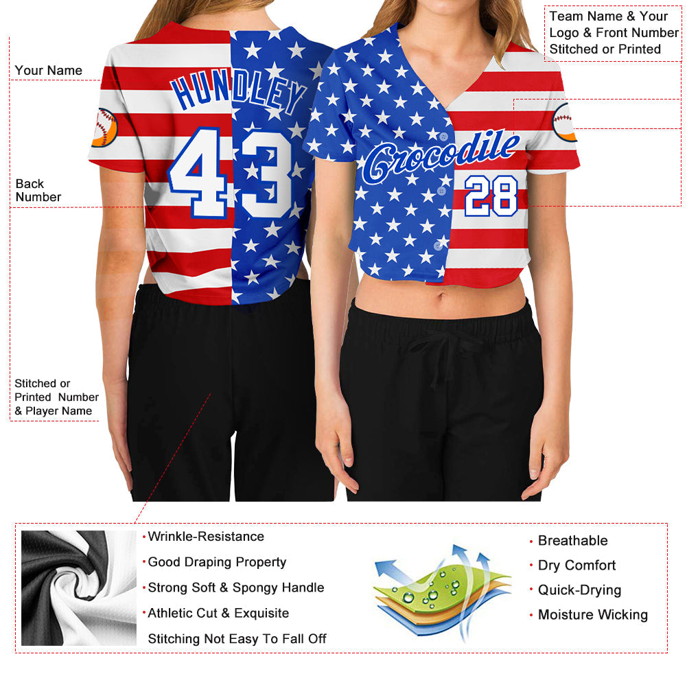 Custom Women's Royal White-Red American Flag Fashion 3D V-Neck Cropped Baseball Jersey - Sky-Custom