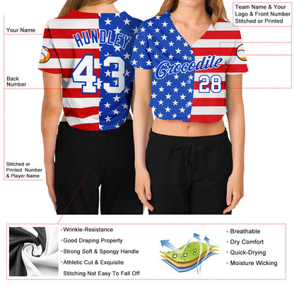 Custom Women's Royal White-Red American Flag Fashion 3D V-Neck Cropped Baseball Jersey - Sky-Custom