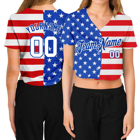 Custom Women's Royal White-Red American Flag Fashion 3D V-Neck Cropped Baseball Jersey - Sky-Custom