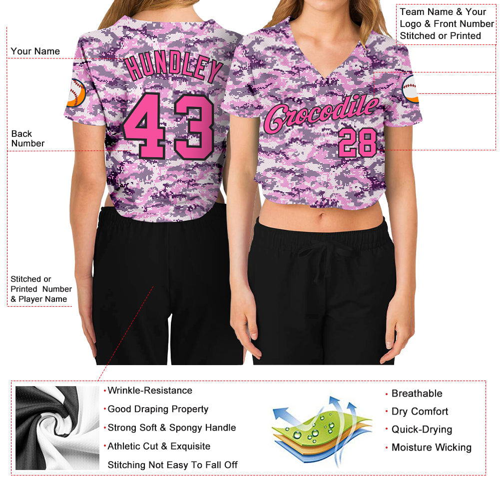 Custom Women's Camo Pink-Black Salute To Service V-Neck Cropped Baseball Jersey - Sky-Custom