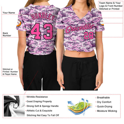 Custom Women's Camo Pink-Black Salute To Service V-Neck Cropped Baseball Jersey - Sky-Custom