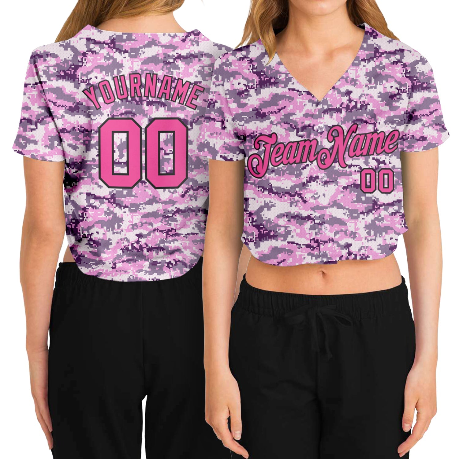 Custom Women's Camo Pink-Black Salute To Service V-Neck Cropped Baseball Jersey - Sky-Custom