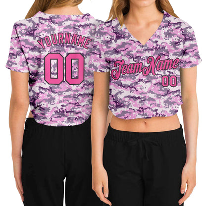Custom Women's Camo Pink-Black Salute To Service V-Neck Cropped Baseball Jersey - Sky-Custom