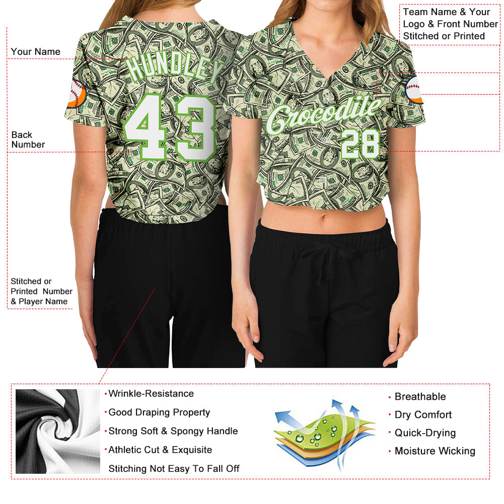Custom Women's Green White-Neon Green Dollar 3D V-Neck Cropped Baseball Jersey - Sky-Custom