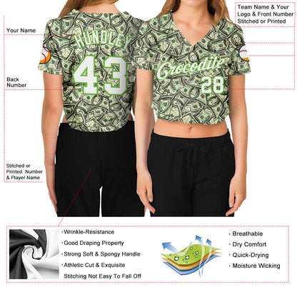 Custom Women's Green White-Neon Green Dollar 3D V-Neck Cropped Baseball Jersey - Sky-Custom