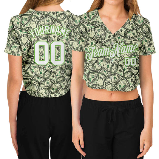 Custom Women's Green White-Neon Green Dollar 3D V-Neck Cropped Baseball Jersey - Sky-Custom