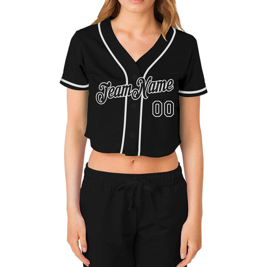 Custom Women's Black Black-White V-Neck Cropped Baseball Jersey - Sky-Custom