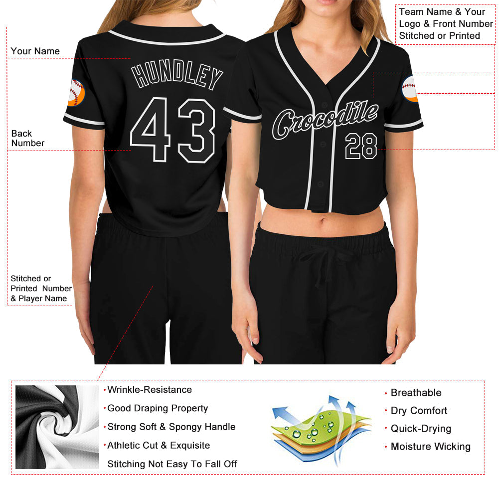 Custom Women's Black Black-White V-Neck Cropped Baseball Jersey - Sky-Custom