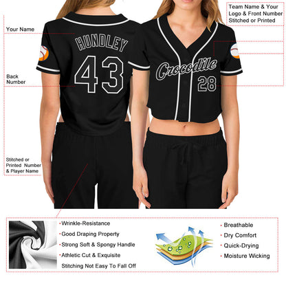 Custom Women's Black Black-White V-Neck Cropped Baseball Jersey - Sky-Custom