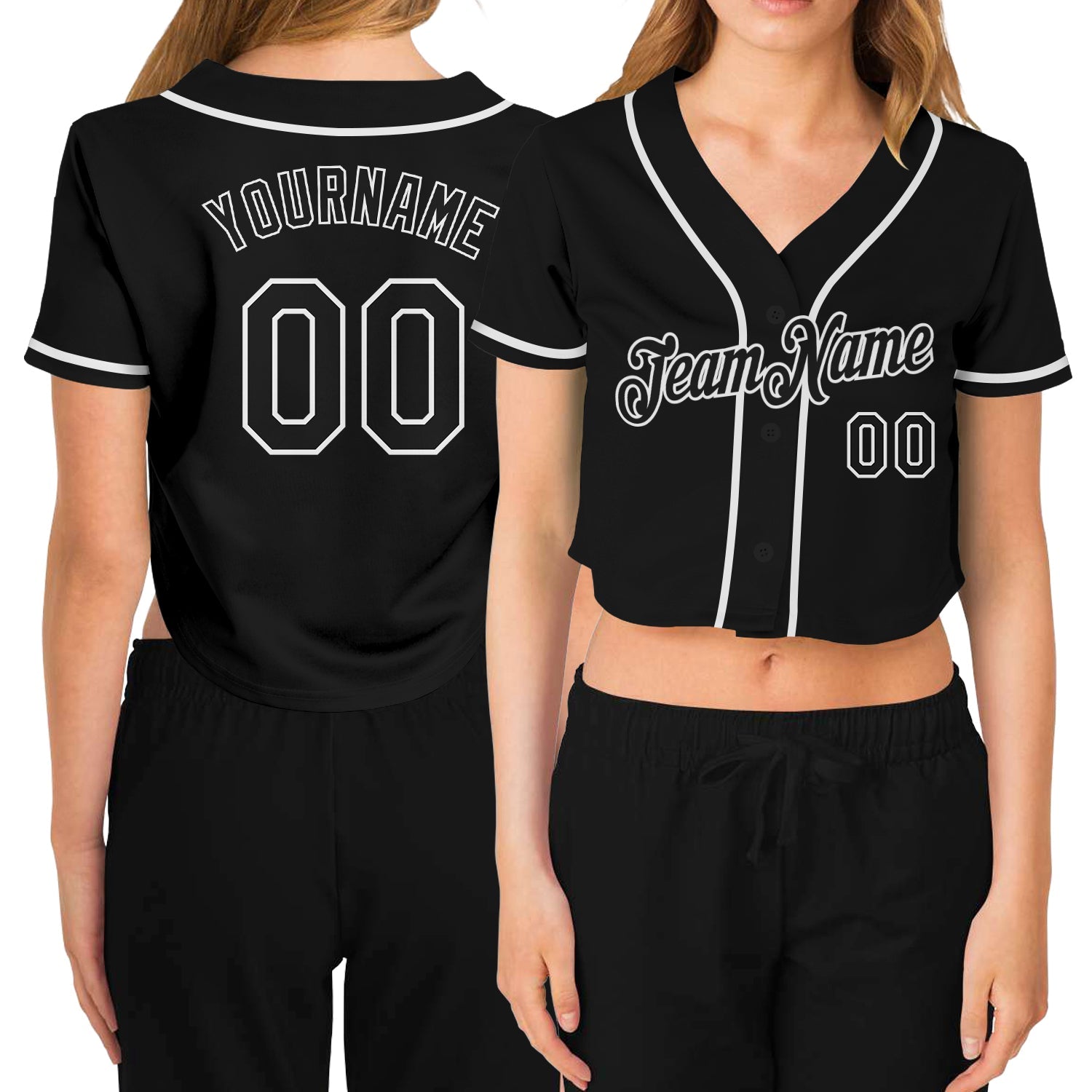 Custom Women's Black Black-White V-Neck Cropped Baseball Jersey - Sky-Custom