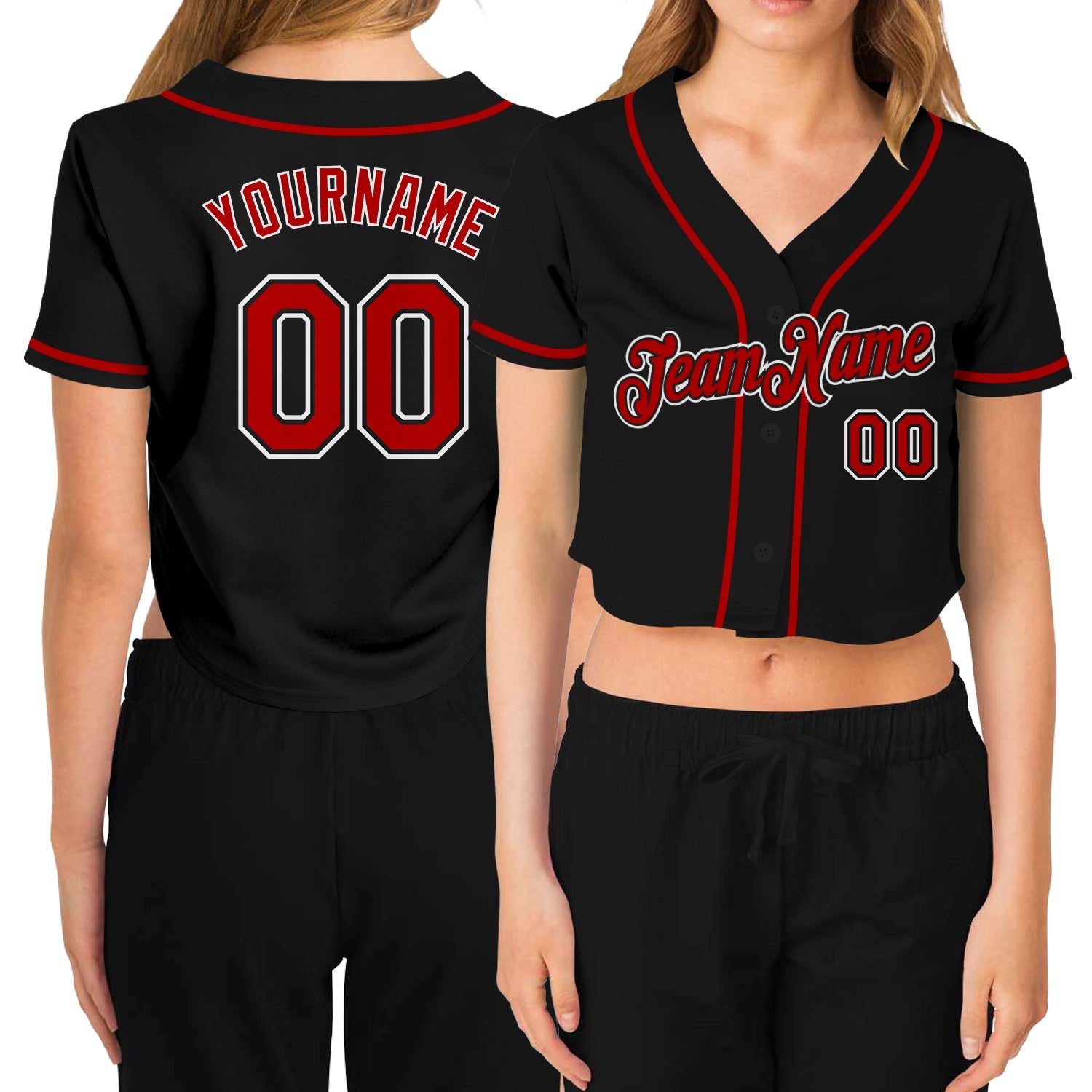 Custom Women's Black Red-White V-Neck Cropped Baseball Jersey - Sky-Custom