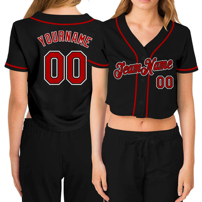 Custom Women's Black Red-White V-Neck Cropped Baseball Jersey - Sky-Custom