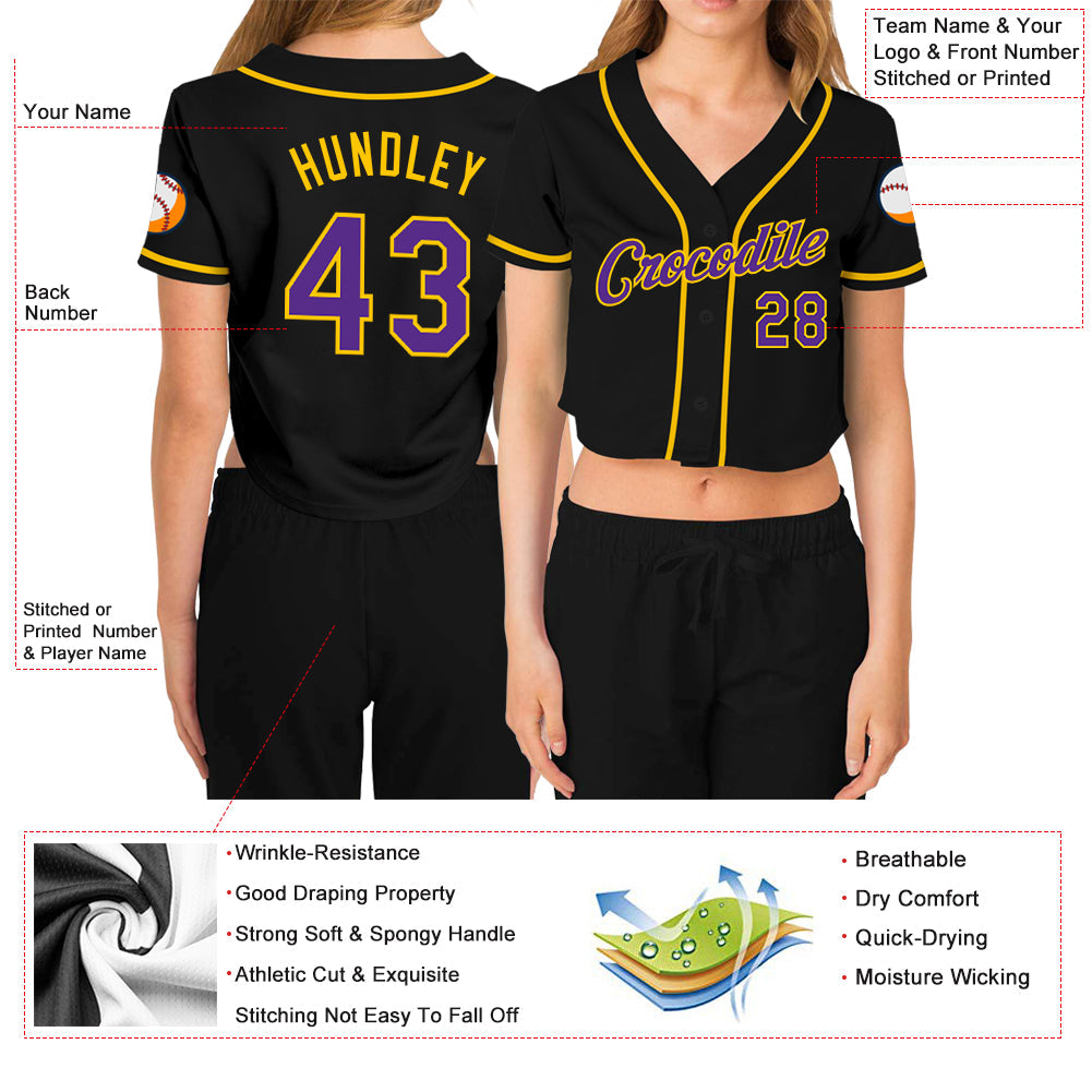 Custom Women's Black Purple-Gold V-Neck Cropped Baseball Jersey - Sky-Custom