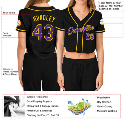 Custom Women's Black Purple-Gold V-Neck Cropped Baseball Jersey - Sky-Custom