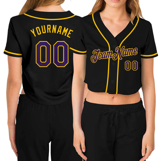 Custom Women's Black Purple-Gold V-Neck Cropped Baseball Jersey - Sky-Custom