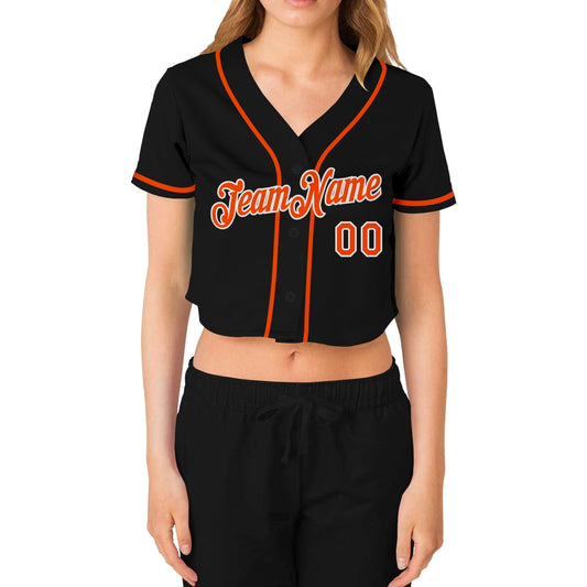 Custom Women's Black Orange-White V-Neck Cropped Baseball Jersey - Sky-Custom