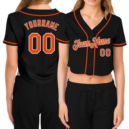 Custom Women's Black Orange-White V-Neck Cropped Baseball Jersey - Sky-Custom