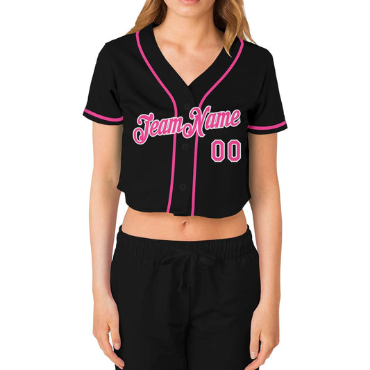 Custom Women's Black Pink-White V-Neck Cropped Baseball Jersey - Sky-Custom