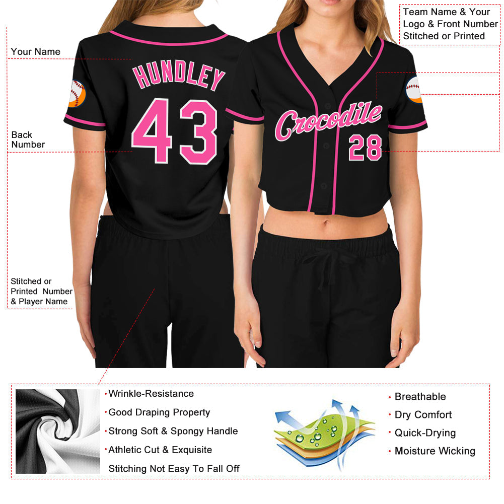 Custom Women's Black Pink-White V-Neck Cropped Baseball Jersey - Sky-Custom