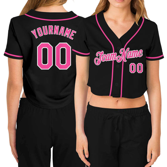 Custom Women's Black Pink-White V-Neck Cropped Baseball Jersey - Sky-Custom