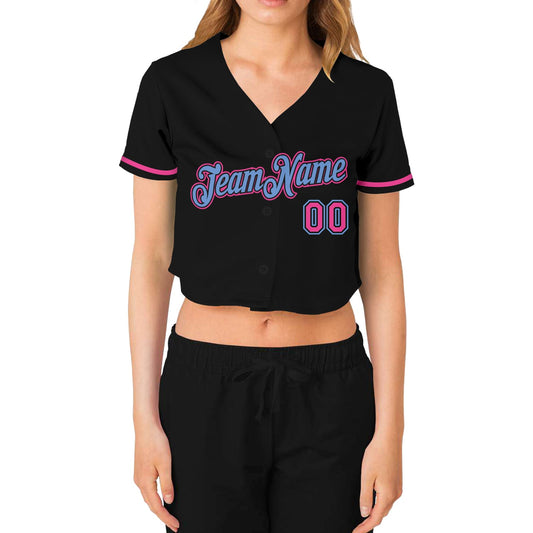 Custom Women's Black Pink-Light Blue V-Neck Cropped Baseball Jersey - Sky-Custom