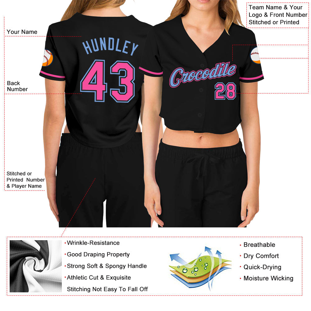 Custom Women's Black Pink-Light Blue V-Neck Cropped Baseball Jersey - Sky-Custom