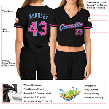 Custom Women's Black Pink-Light Blue V-Neck Cropped Baseball Jersey - Sky-Custom