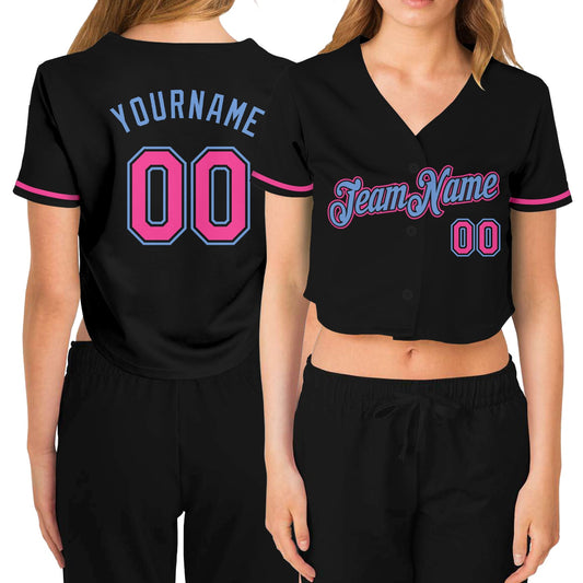 Custom Women's Black Pink-Light Blue V-Neck Cropped Baseball Jersey - Sky-Custom