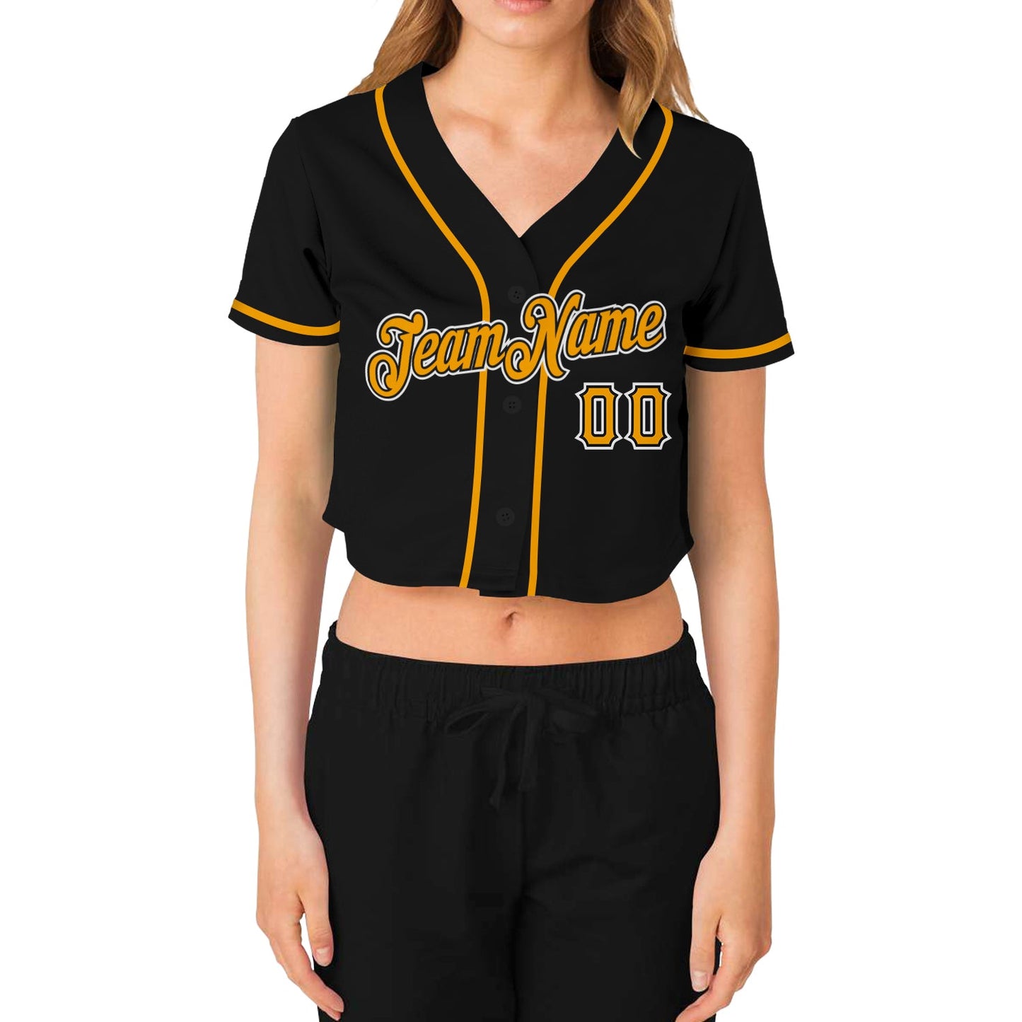 Custom Women's Black Gold-White V-Neck Cropped Baseball Jersey - Sky-Custom