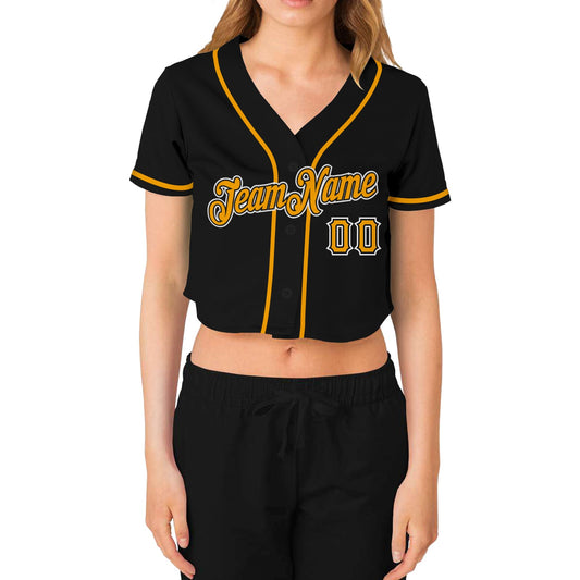 Custom Women's Black Gold-White V-Neck Cropped Baseball Jersey - Sky-Custom
