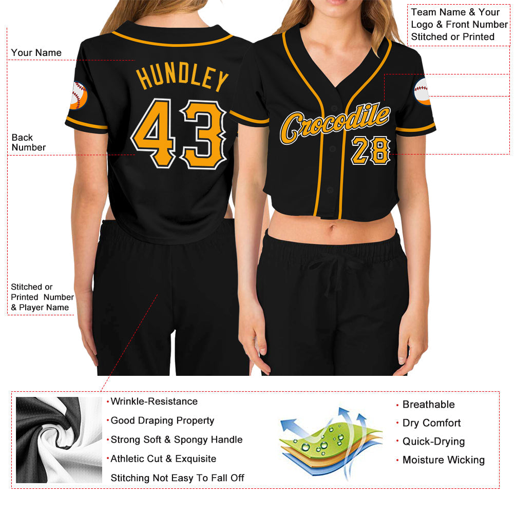 Custom Women's Black Gold-White V-Neck Cropped Baseball Jersey - Sky-Custom