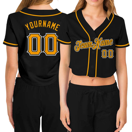 Custom Women's Black Gold-White V-Neck Cropped Baseball Jersey - Sky-Custom