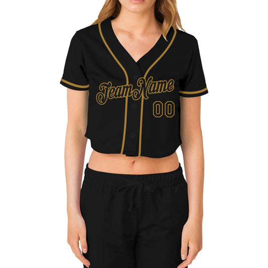 Custom Women's Black Black-Old Gold V-Neck Cropped Baseball Jersey - Sky-Custom
