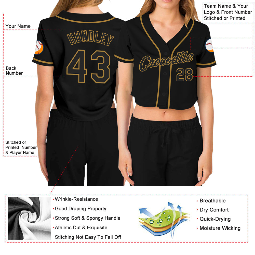 Custom Women's Black Black-Old Gold V-Neck Cropped Baseball Jersey - Sky-Custom
