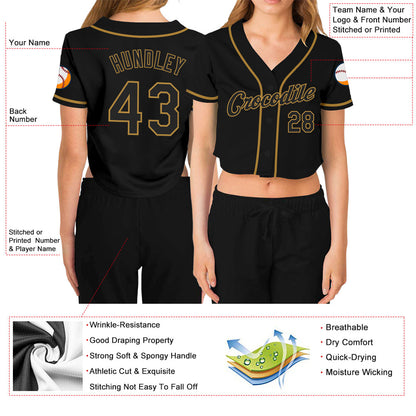 Custom Women's Black Black-Old Gold V-Neck Cropped Baseball Jersey - Sky-Custom