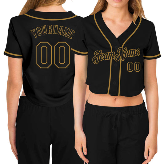 Custom Women's Black Black-Old Gold V-Neck Cropped Baseball Jersey - Sky-Custom