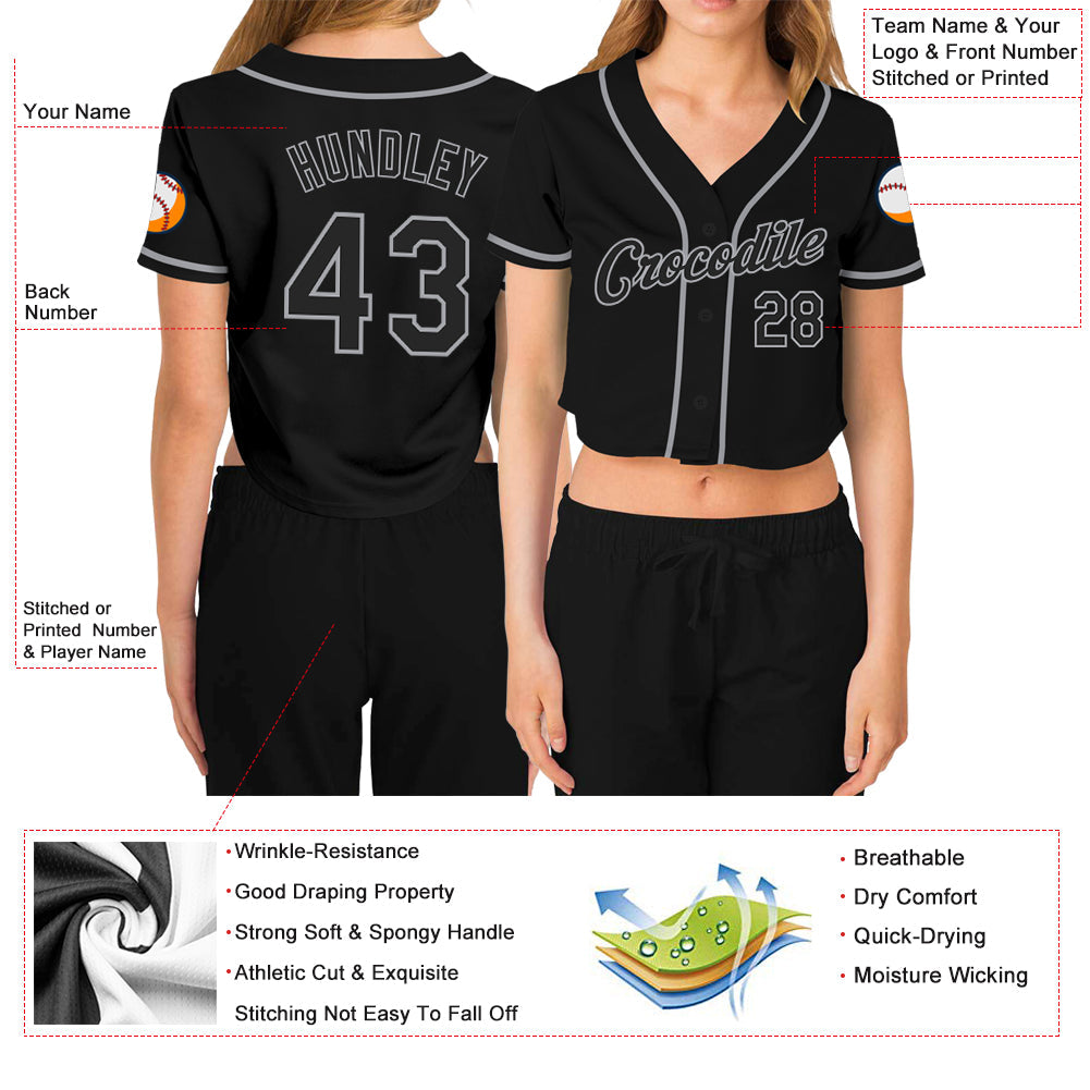 Custom Women's Black Black-Gray V-Neck Cropped Baseball Jersey - Sky-Custom