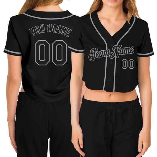 Custom Women's Black Black-Gray V-Neck Cropped Baseball Jersey - Sky-Custom