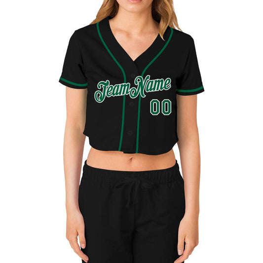 Custom Women's Black Kelly Green-White V-Neck Cropped Baseball Jersey - Sky-Custom