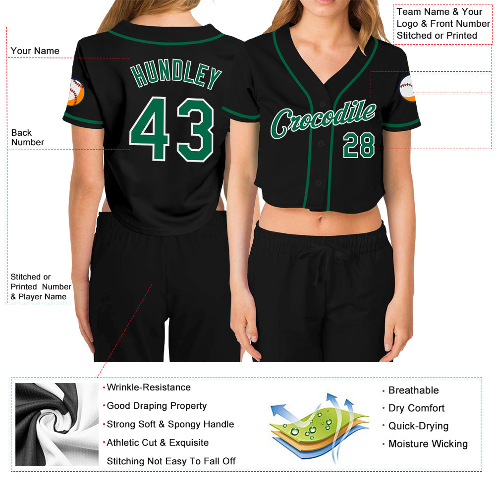 Custom Women's Black Kelly Green-White V-Neck Cropped Baseball Jersey - Sky-Custom
