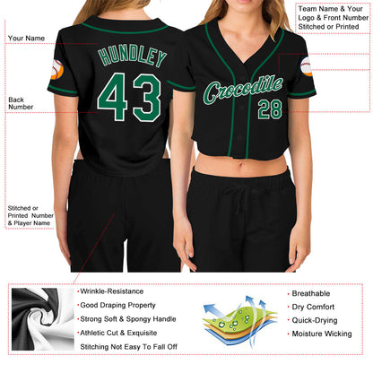 Custom Women's Black Kelly Green-White V-Neck Cropped Baseball Jersey - Sky-Custom